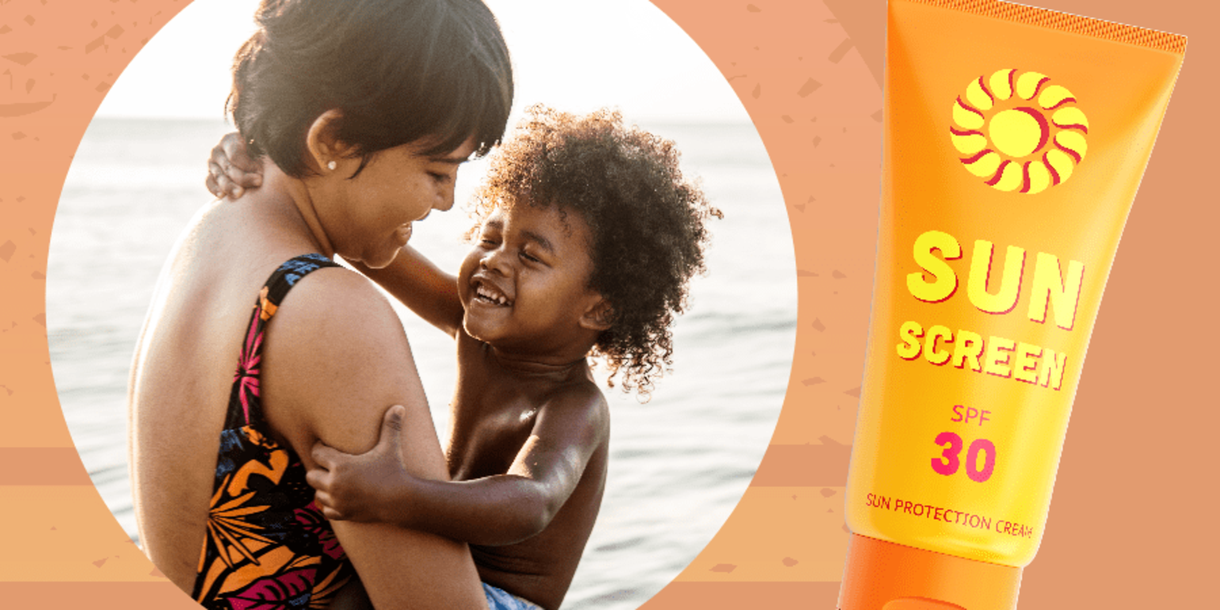mother holding child and sunscreen bottle