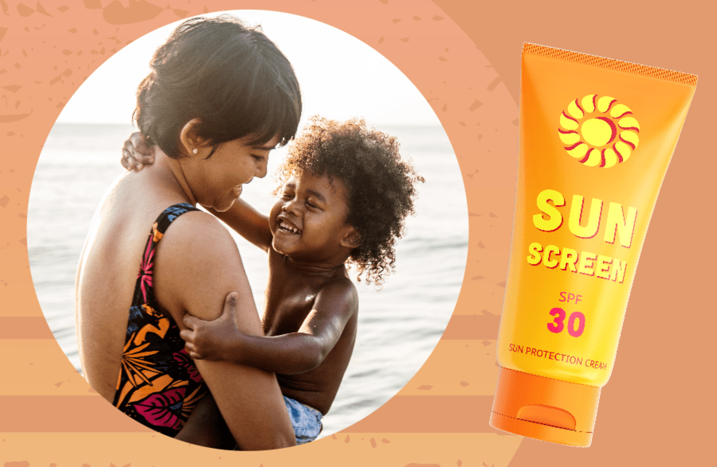 mother holding child and sunscreen bottle