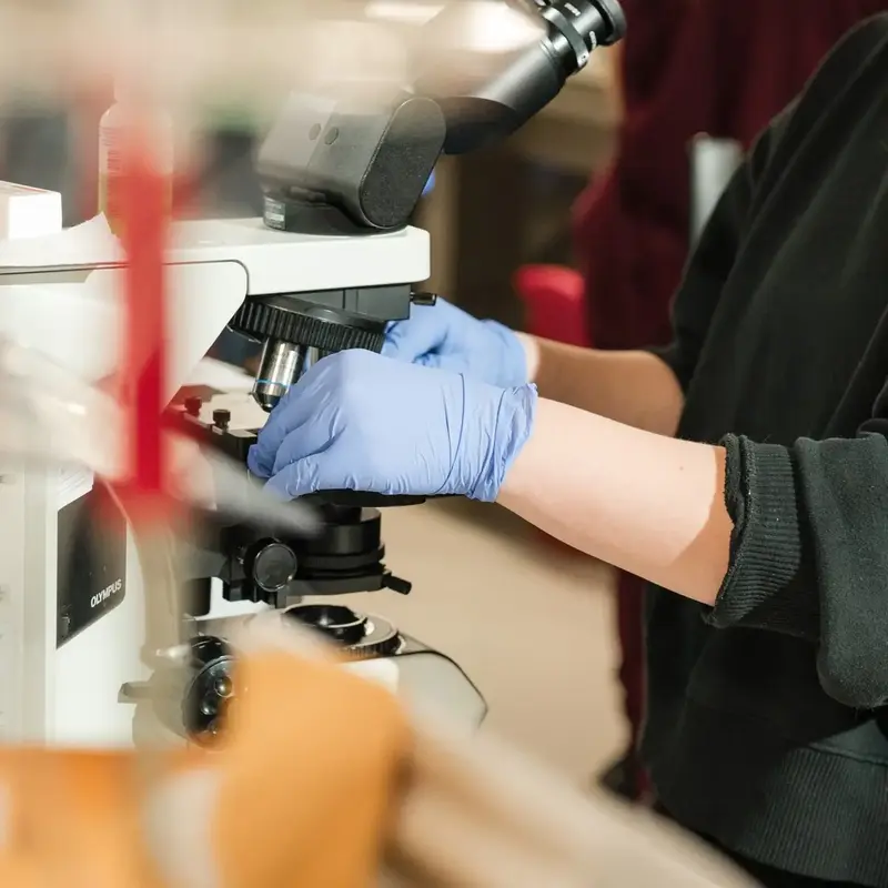 Lab tech uses microscope