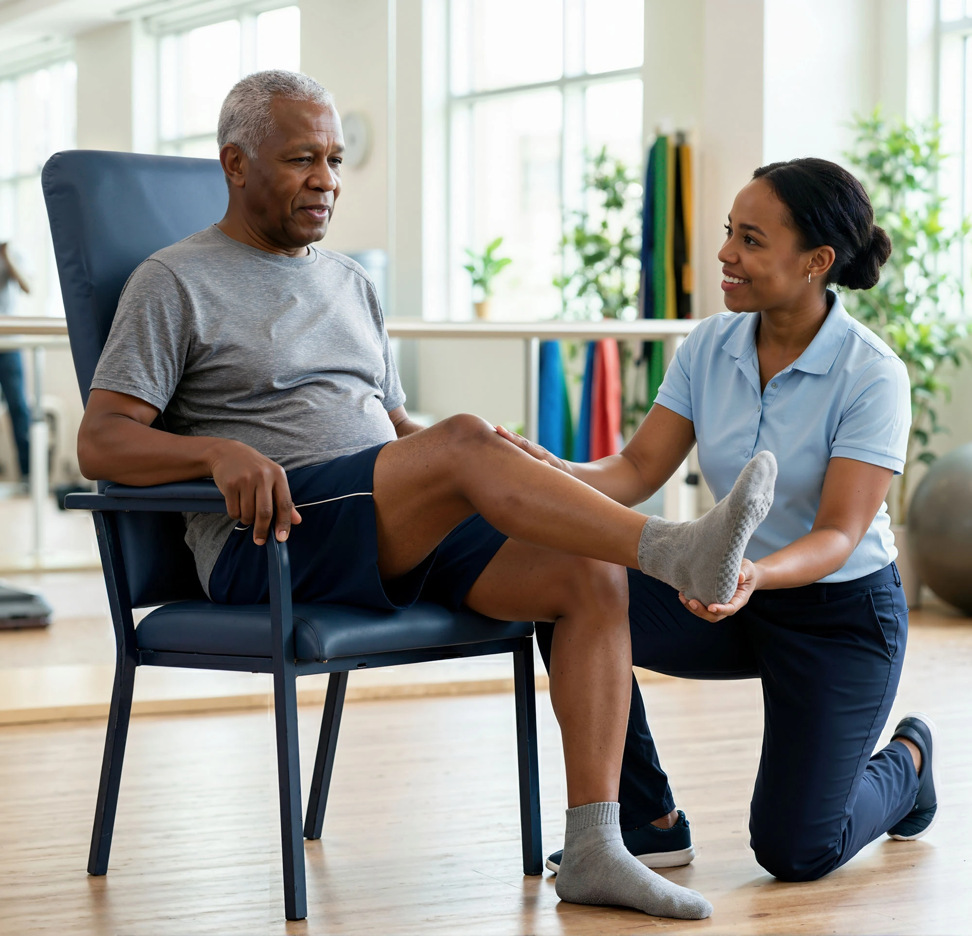 therapist stretching patient hip 