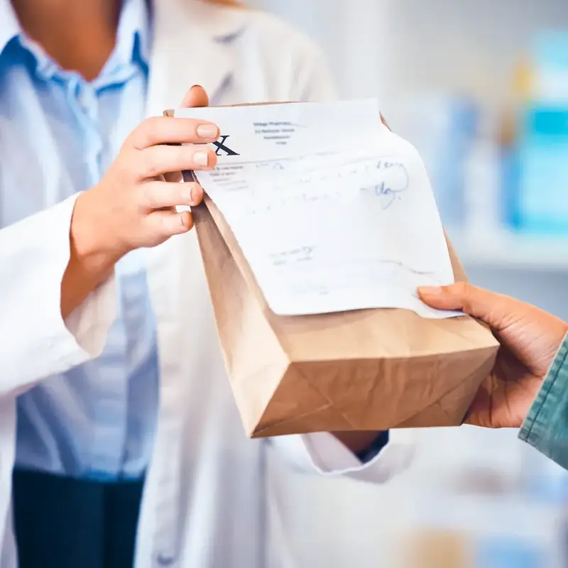 Pharmacist hands patient prescription