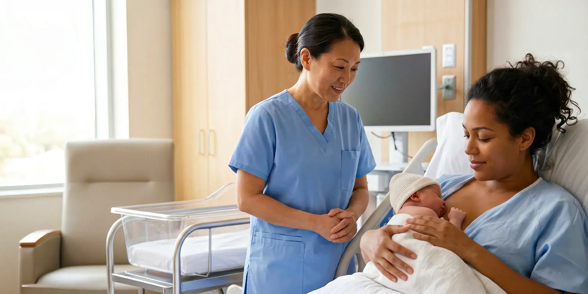 Nurse with mom and baby