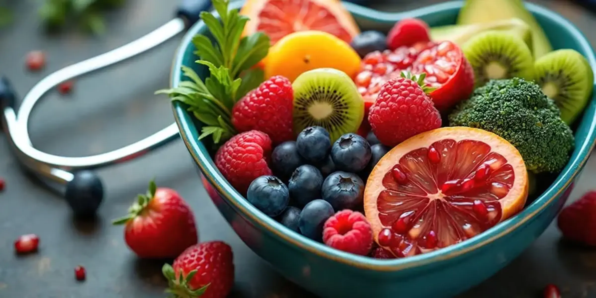 bowl of fruit and stethoscope