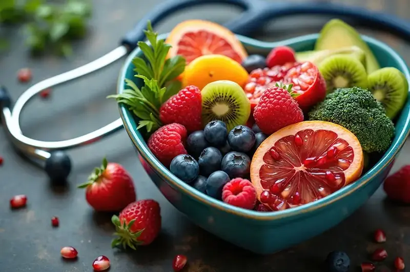 bowl of fruit and stethoscope