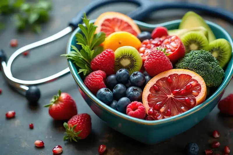 bowl of fruit and stethoscope