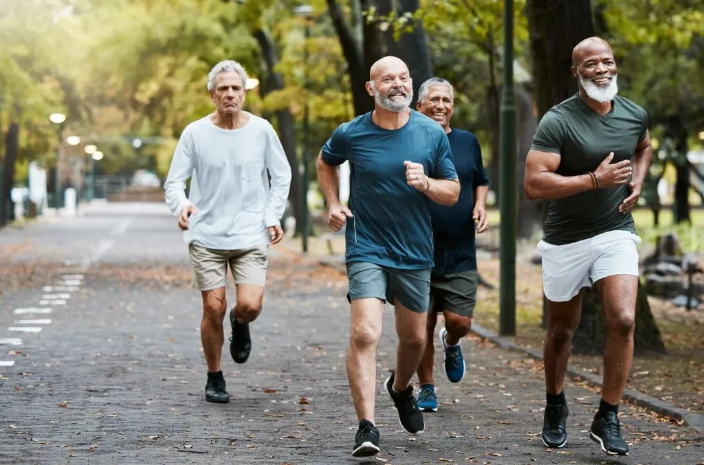 Senior, man group and running on street together