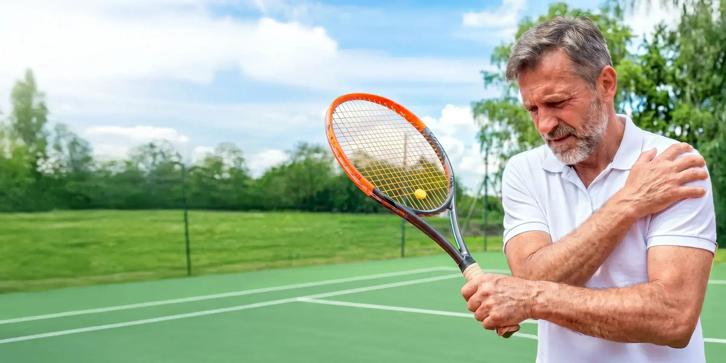 Man with tennis racket grabs shoulder in pain