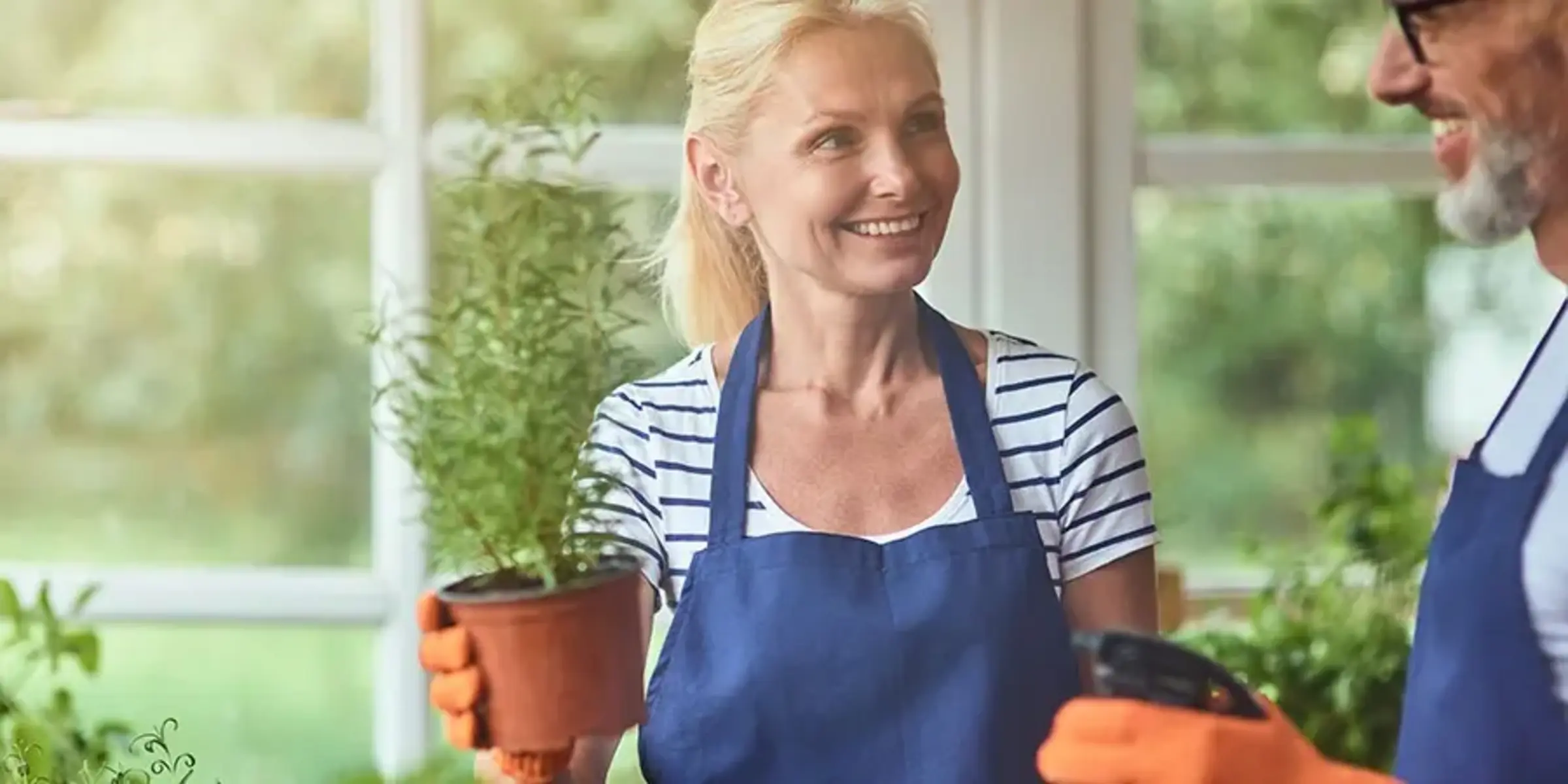 Middle aged couple working in greenhouse